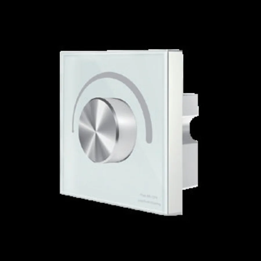 Wall-mounted rotary LED dimmer with a white glass faceplate and aluminum knob